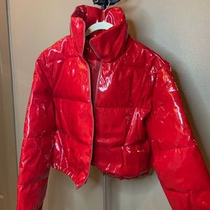 Red vinyl puffer jacket